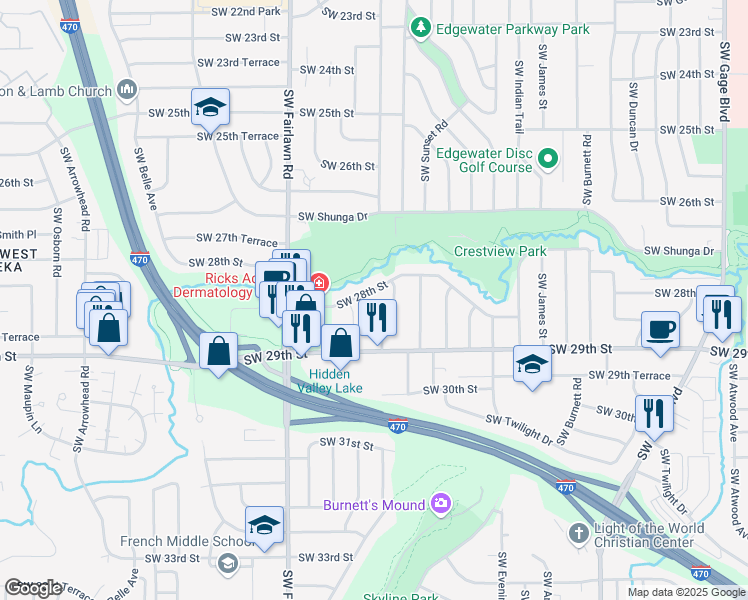 map of restaurants, bars, coffee shops, grocery stores, and more near 5015 Southwest 28th Street in Topeka