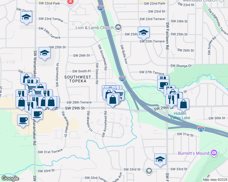 map of restaurants, bars, coffee shops, grocery stores, and more near 5614 SW Barrington Ct S in Topeka