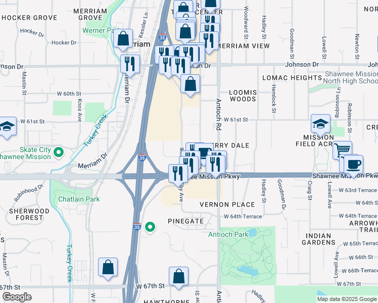 map of restaurants, bars, coffee shops, grocery stores, and more near 8908 West 62nd Terrace in Mission