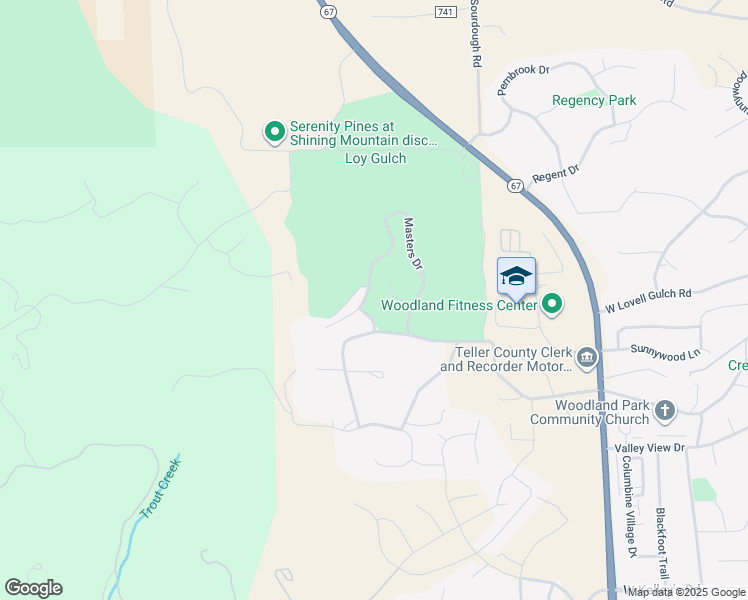 map of restaurants, bars, coffee shops, grocery stores, and more near 1535 Masters Drive in Woodland Park