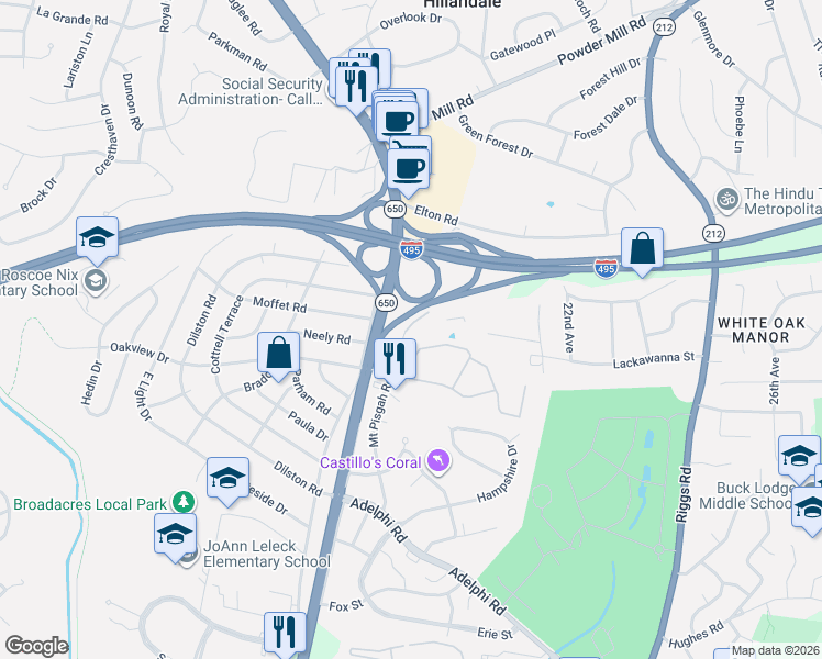 map of restaurants, bars, coffee shops, grocery stores, and more near 9727 Mount Pisgah Road in Silver Spring