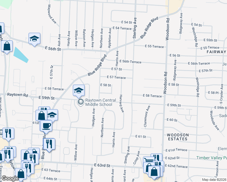 map of restaurants, bars, coffee shops, grocery stores, and more near 5821 Appleton Avenue in Raytown