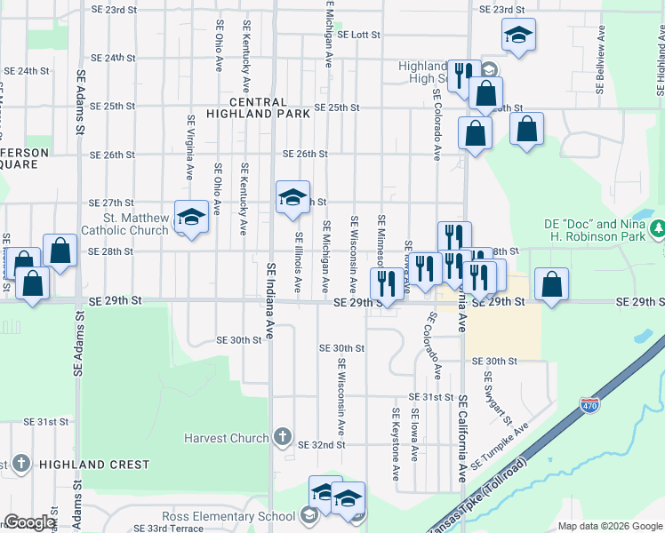 map of restaurants, bars, coffee shops, grocery stores, and more near 2816 Southeast Michigan Avenue in Topeka