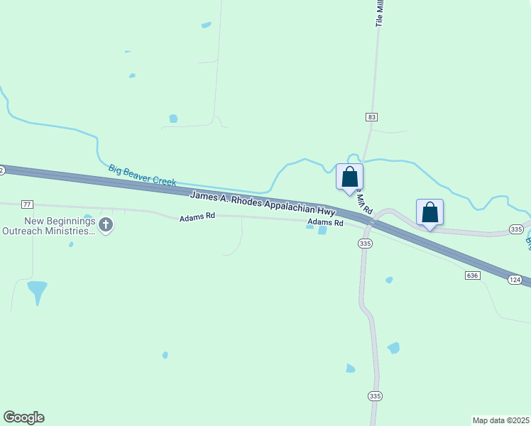 map of restaurants, bars, coffee shops, grocery stores, and more near 3425 Adams Road in Beaver