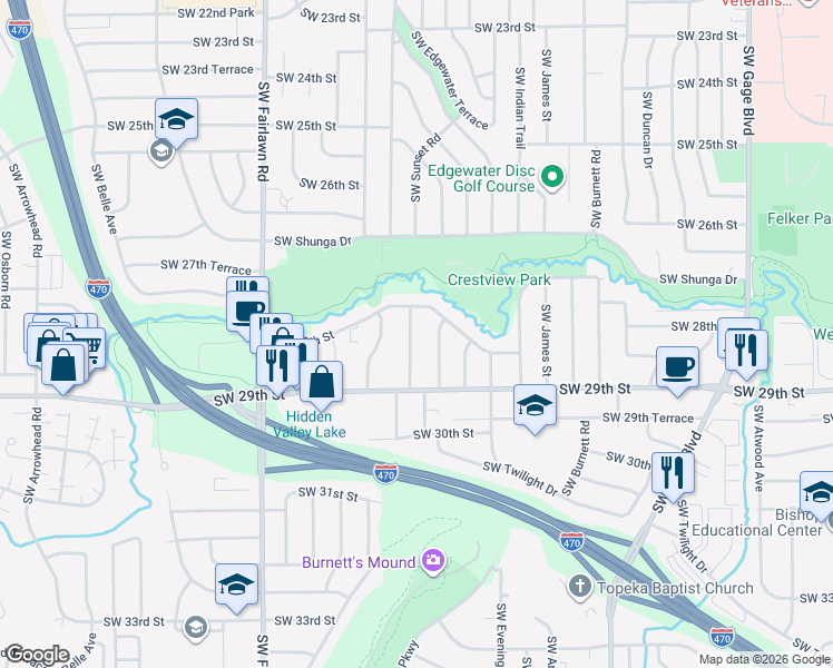 map of restaurants, bars, coffee shops, grocery stores, and more near 2812 Southwest Sunset Road in Topeka