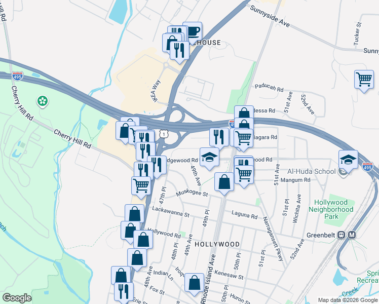map of restaurants, bars, coffee shops, grocery stores, and more near 4721 Nantucket Rd in College Park