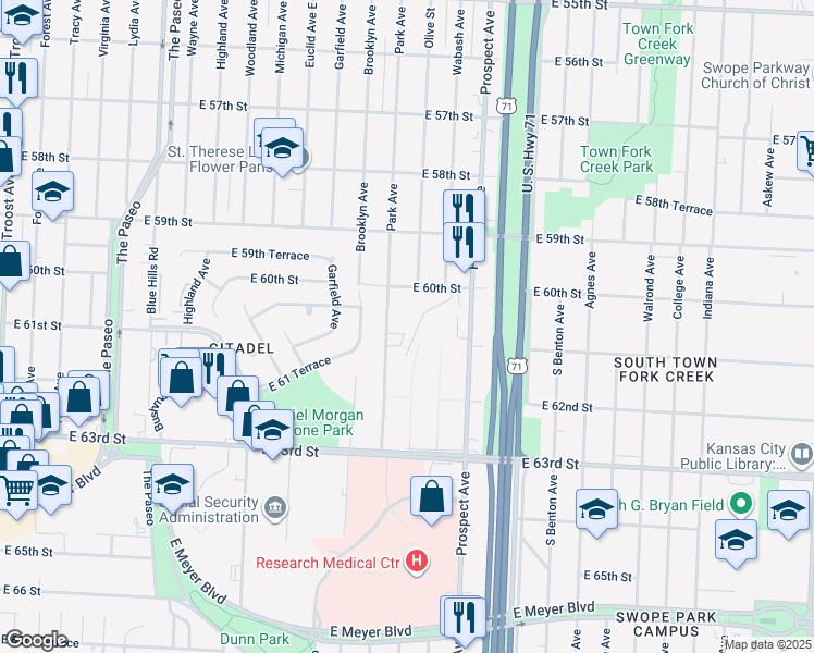 map of restaurants, bars, coffee shops, grocery stores, and more near 6028 Olive Street in Kansas City