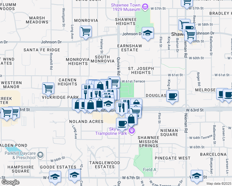 map of restaurants, bars, coffee shops, grocery stores, and more near 11912 Shawnee Mission Parkway in Shawnee