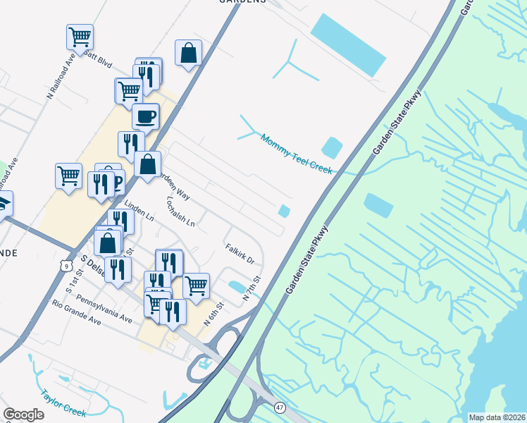 map of restaurants, bars, coffee shops, grocery stores, and more near 93 Priest Boulevard in Middle Township