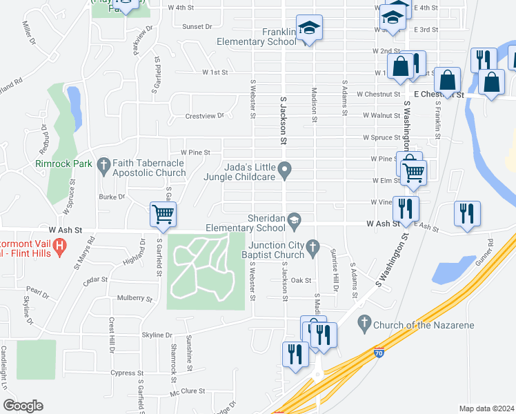 map of restaurants, bars, coffee shops, grocery stores, and more near 701 South Webster Street in Junction City