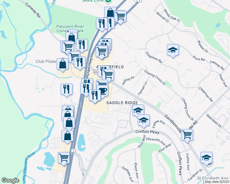 map of restaurants, bars, coffee shops, grocery stores, and more near 1620 Parkridge Circle in Crofton