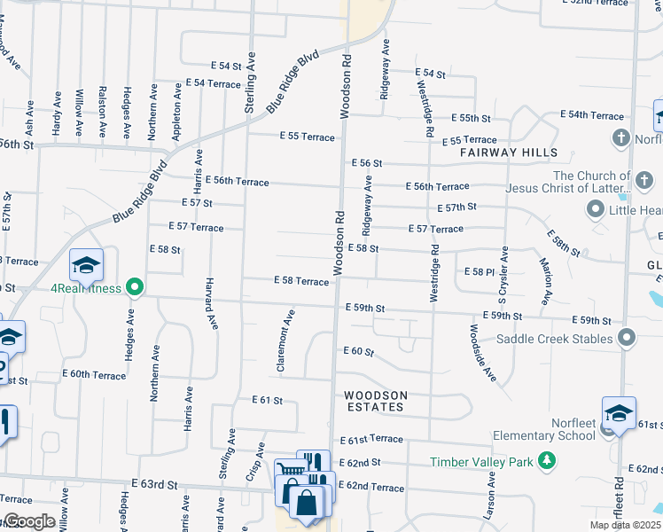 map of restaurants, bars, coffee shops, grocery stores, and more near 5804 Woodson Road in Raytown
