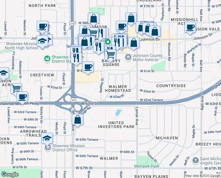 map of restaurants, bars, coffee shops, grocery stores, and more near 6207 Glenwood Street in Mission