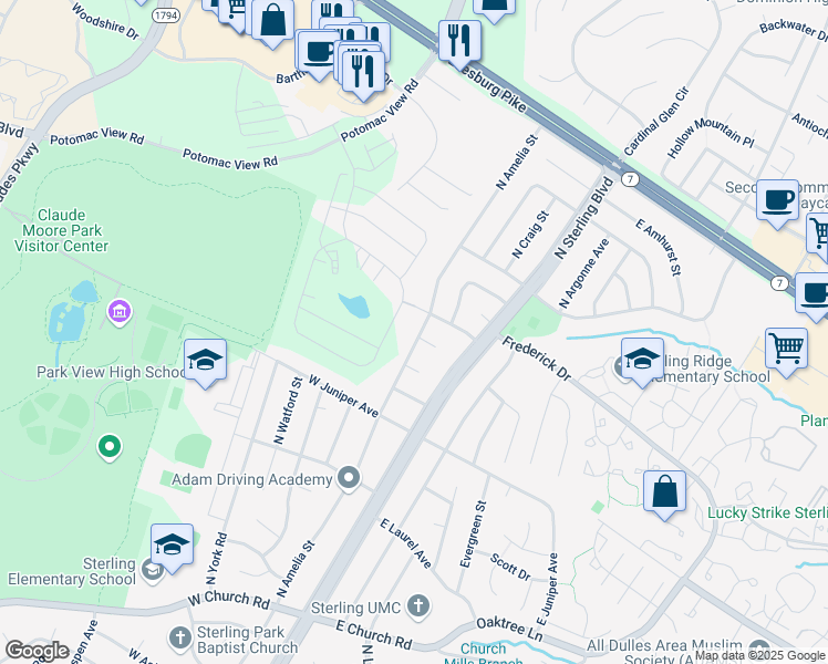 map of restaurants, bars, coffee shops, grocery stores, and more near 1301 North Amelia Street in Sterling