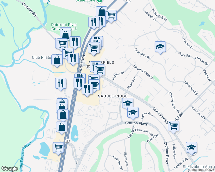 map of restaurants, bars, coffee shops, grocery stores, and more near 1623 Parkridge Circle in Crofton