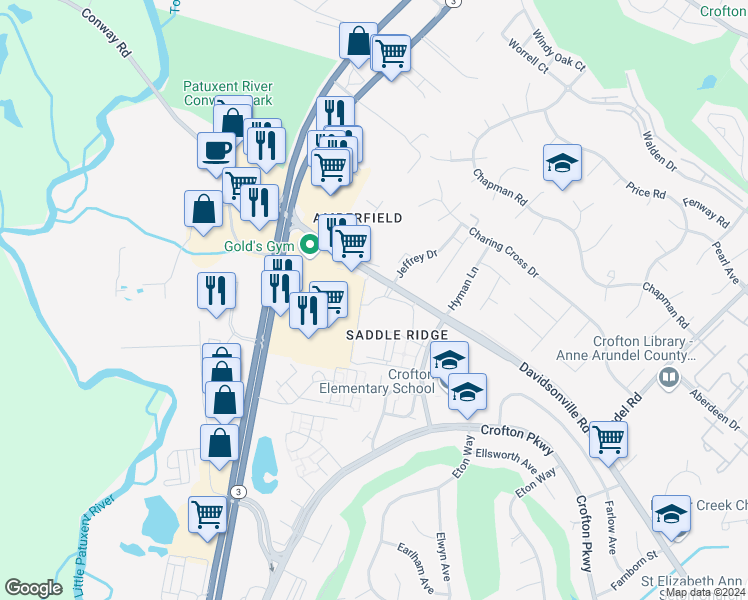 map of restaurants, bars, coffee shops, grocery stores, and more near 1620 Parkridge Circle in Crofton