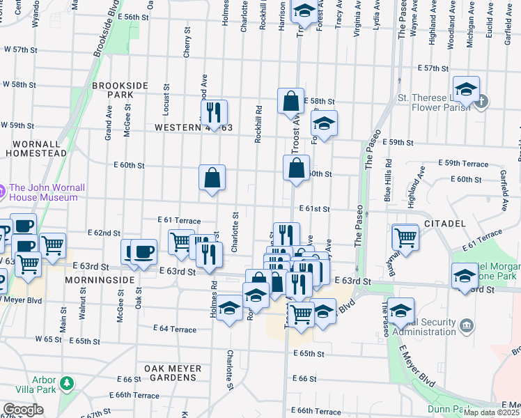 map of restaurants, bars, coffee shops, grocery stores, and more near 6101 Rockhill Road in Kansas City