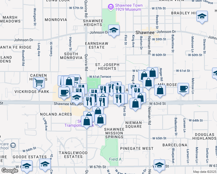 map of restaurants, bars, coffee shops, grocery stores, and more near 6144 Lucille Lane in Shawnee