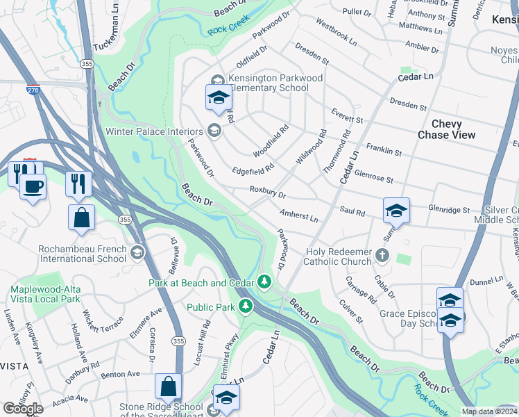 map of restaurants, bars, coffee shops, grocery stores, and more near 9801 Wildwood Road in Bethesda