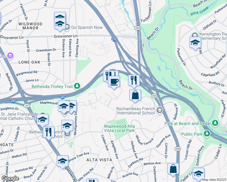 map of restaurants, bars, coffee shops, grocery stores, and more near 5225 Pooks Hill Road in Bethesda