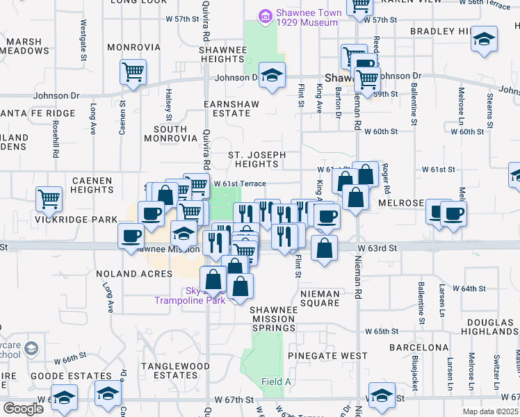 map of restaurants, bars, coffee shops, grocery stores, and more near 6144 Lucille Lane in Shawnee