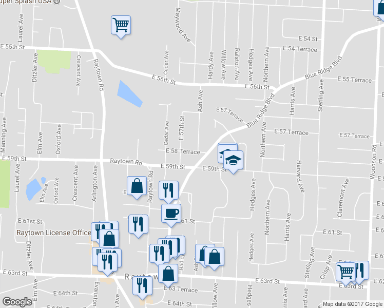 map of restaurants, bars, coffee shops, grocery stores, and more near 10217 East 58 Terrace in Raytown
