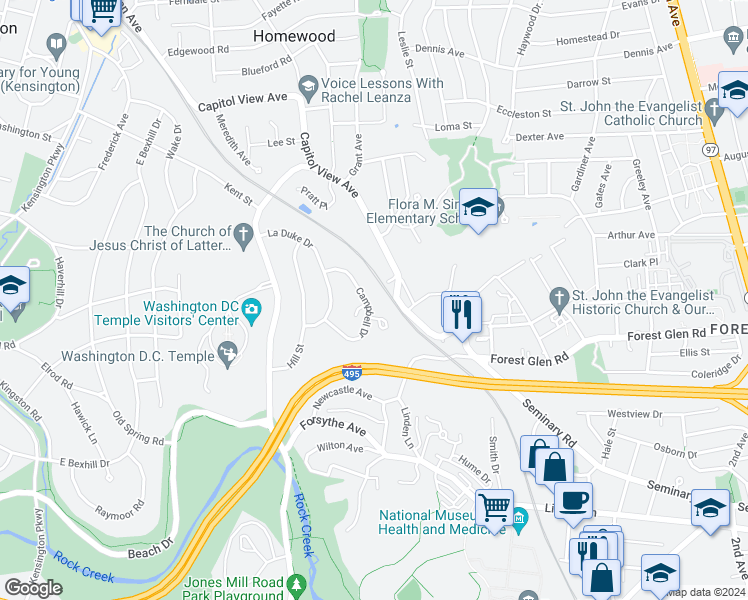 map of restaurants, bars, coffee shops, grocery stores, and more near 9831 Campbell Drive in Kensington