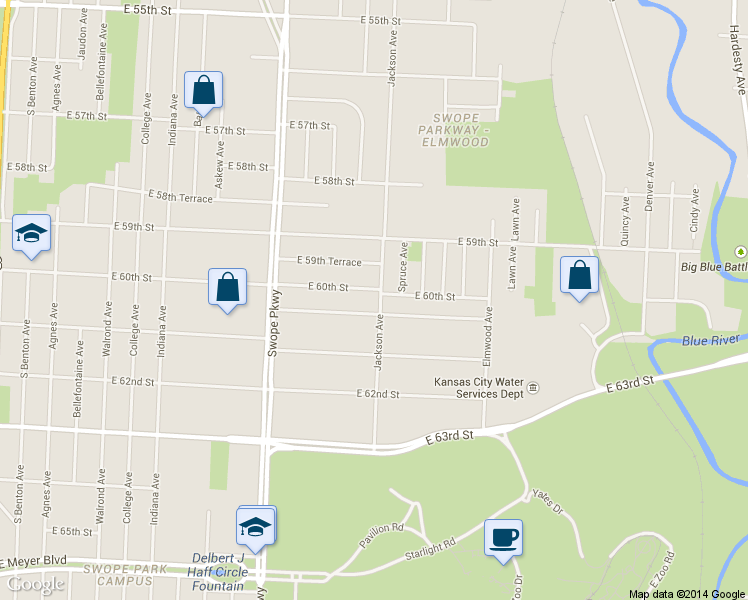 map of restaurants, bars, coffee shops, grocery stores, and more near 6006 Jackson Avenue in Kansas City