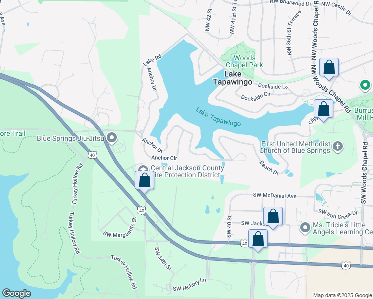 map of restaurants, bars, coffee shops, grocery stores, and more near 96 Anchor Drive in Lake Tapawingo