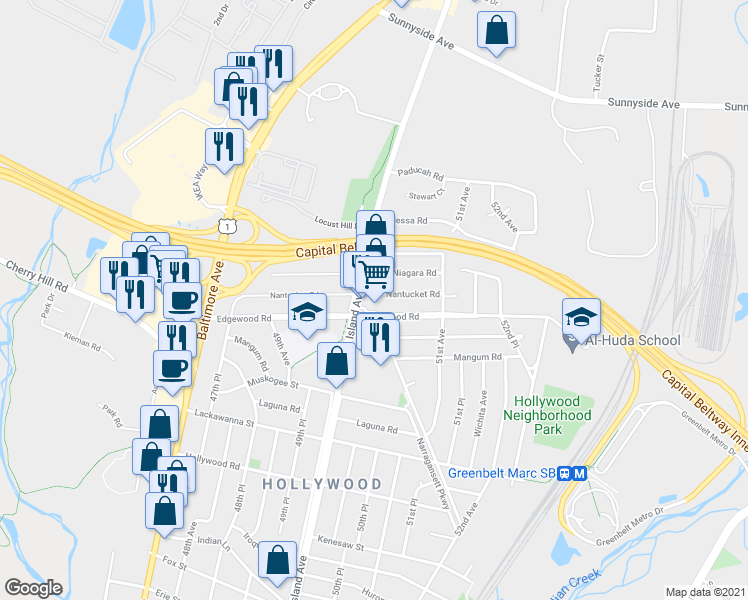 map of restaurants, bars, coffee shops, grocery stores, and more near 9917 Rhode Island Avenue in College Park
