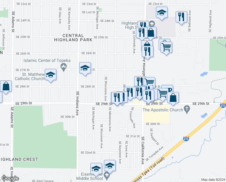 map of restaurants, bars, coffee shops, grocery stores, and more near 2815 Southeast Minnesota Avenue in Topeka