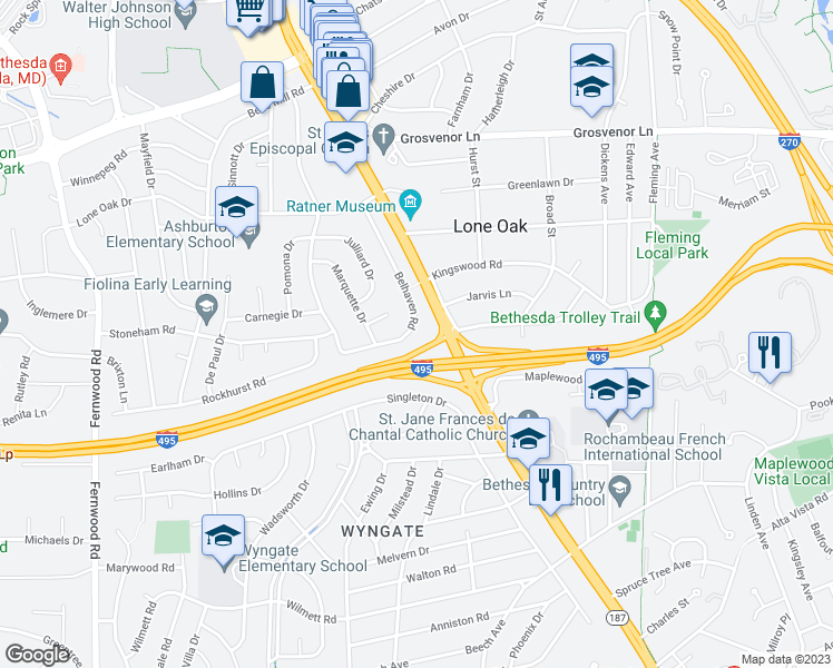 map of restaurants, bars, coffee shops, grocery stores, and more near 9825 Belhaven Road in Bethesda