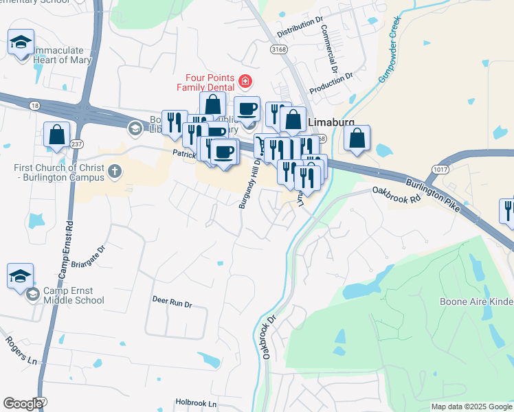 map of restaurants, bars, coffee shops, grocery stores, and more near 6325 Crossings Drive in Burlington