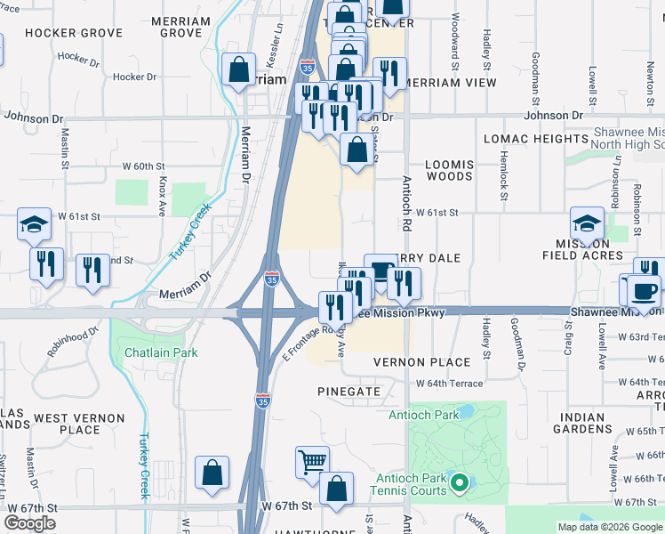 map of restaurants, bars, coffee shops, grocery stores, and more near 9000 West 62nd Terrace in Mission