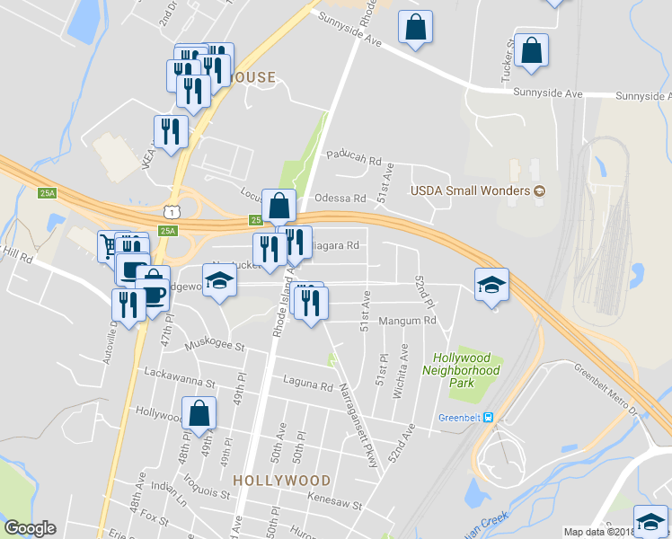 map of restaurants, bars, coffee shops, grocery stores, and more near 5019 Nantucket Road in College Park