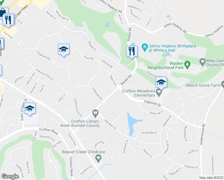 map of restaurants, bars, coffee shops, grocery stores, and more near 2807 Klein Court in Crofton