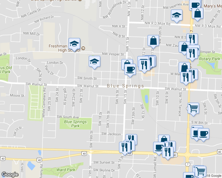 map of restaurants, bars, coffee shops, grocery stores, and more near 1608 Southwest Walnut Street in Blue Springs