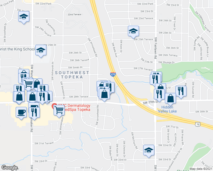 map of restaurants, bars, coffee shops, grocery stores, and more near 5614 Southwest Barrington Court South in Topeka