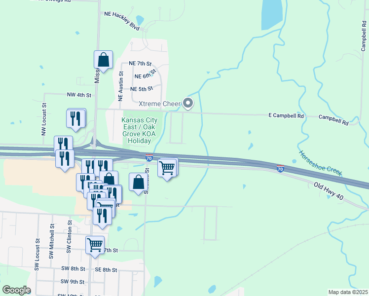 map of restaurants, bars, coffee shops, grocery stores, and more near 601 Northeast 1st Street in Oak Grove