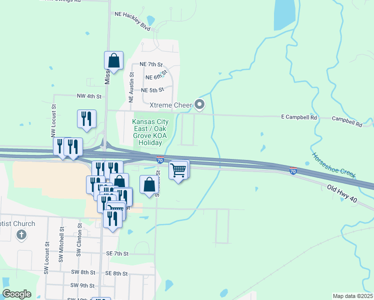 map of restaurants, bars, coffee shops, grocery stores, and more near 501 Northeast 1st Street in Oak Grove