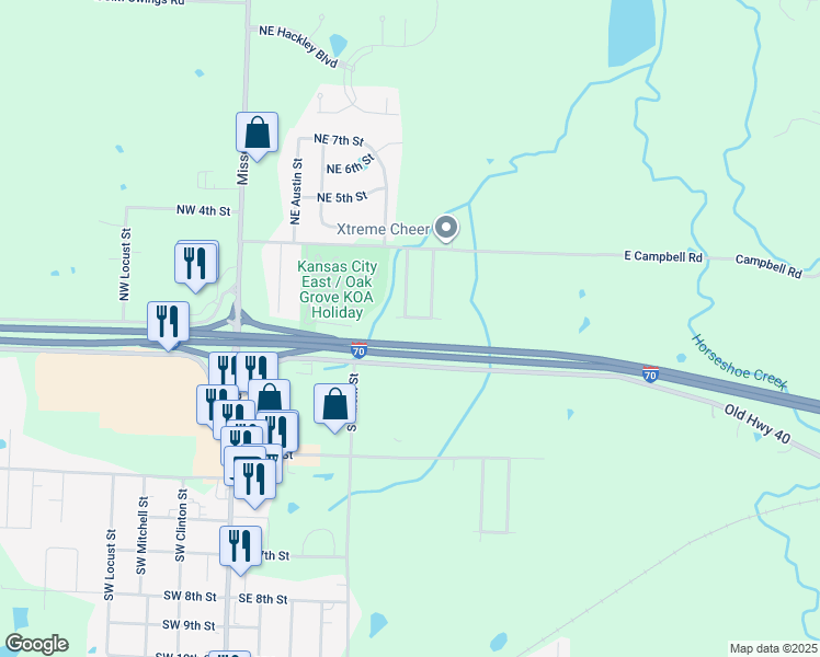 map of restaurants, bars, coffee shops, grocery stores, and more near 501 Northeast 1st Street in Oak Grove