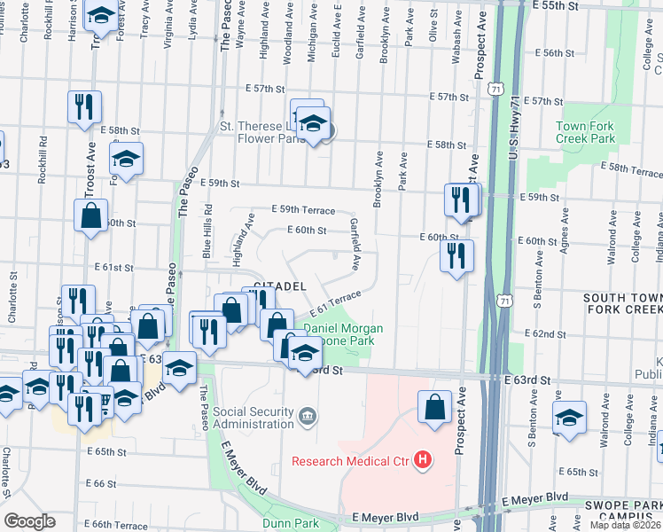 map of restaurants, bars, coffee shops, grocery stores, and more near 6023 Euclid Avenue in Kansas City