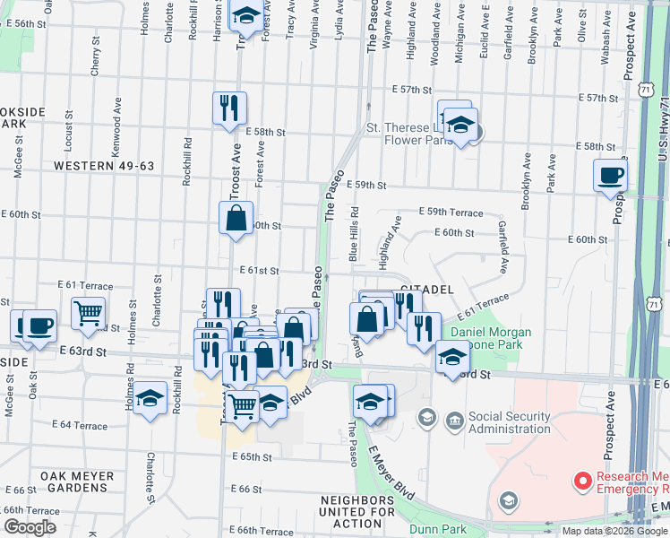 map of restaurants, bars, coffee shops, grocery stores, and more near in Kansas City