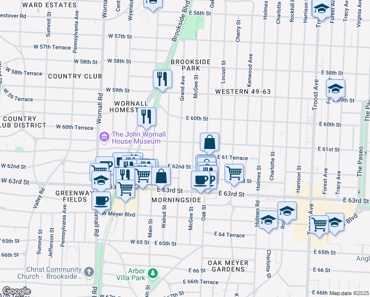 map of restaurants, bars, coffee shops, grocery stores, and more near 6117 Morningside Drive in Kansas City