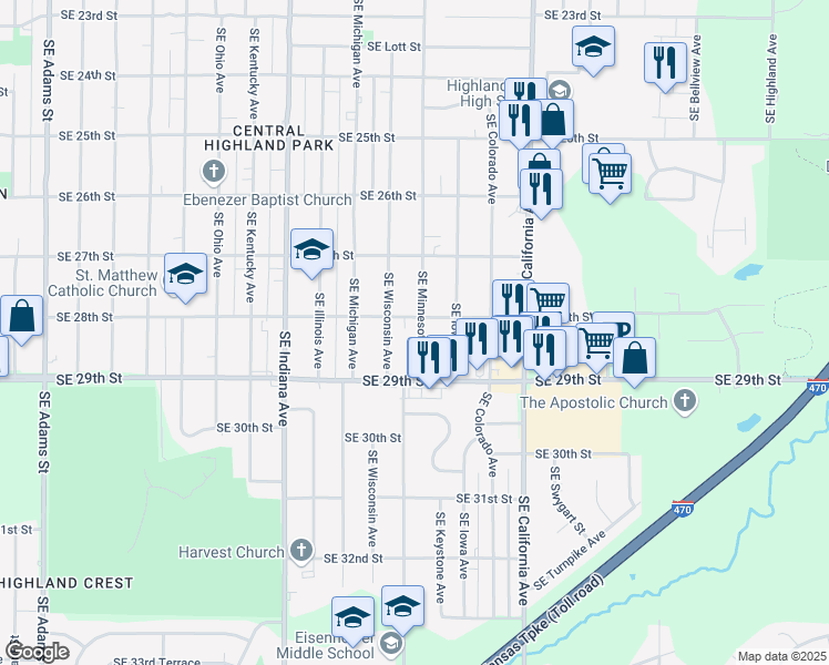 map of restaurants, bars, coffee shops, grocery stores, and more near 2810 Southeast Wisconsin Avenue in Topeka
