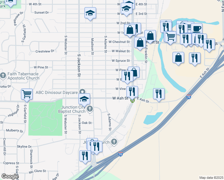 map of restaurants, bars, coffee shops, grocery stores, and more near 225 West Vine Street in Junction City