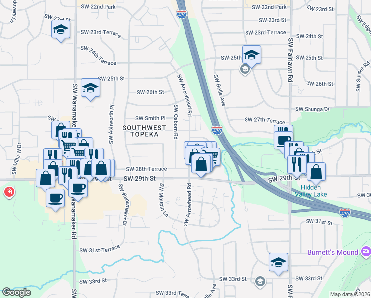 map of restaurants, bars, coffee shops, grocery stores, and more near 2733 Southwest Arrowhead Road in Topeka