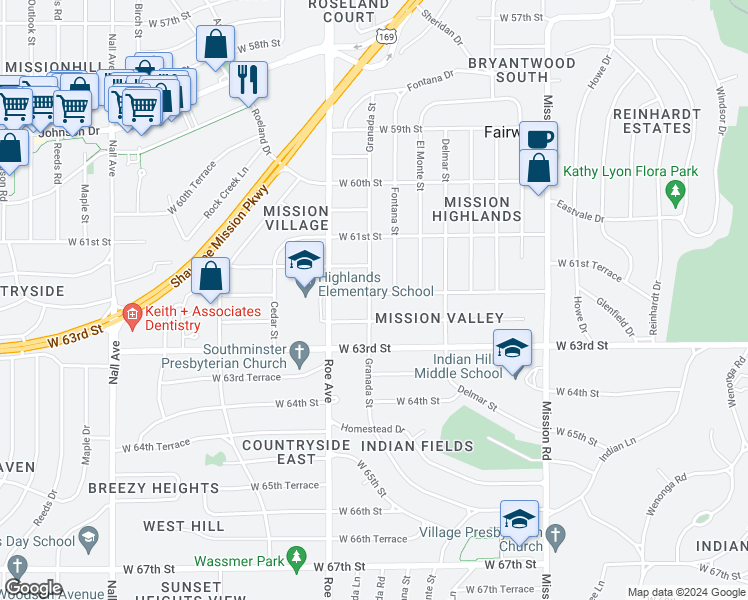 map of restaurants, bars, coffee shops, grocery stores, and more near 4515 West 62nd Street in Fairway