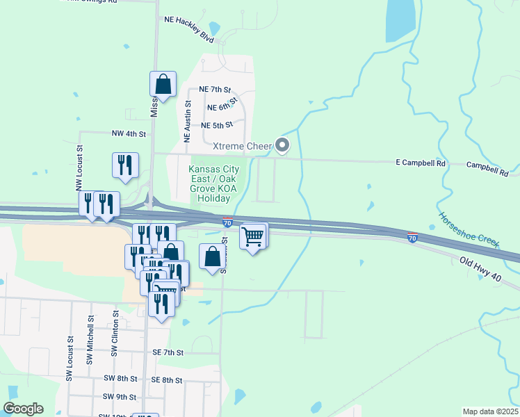 map of restaurants, bars, coffee shops, grocery stores, and more near 501 Northeast 1st Street in Oak Grove