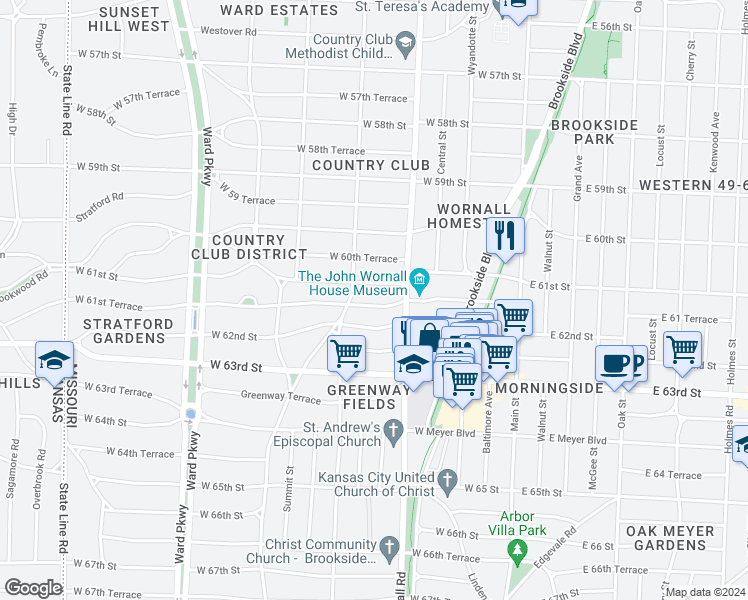 map of restaurants, bars, coffee shops, grocery stores, and more near 426 West 61st Terrace in Kansas City